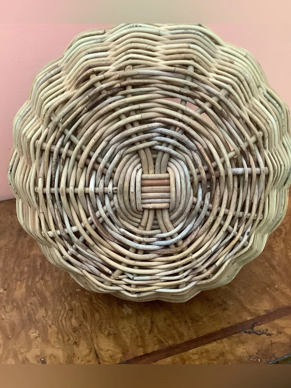 Vintage Handmade Wicker Basket, Wrought Iron Handle, Glass Rings & Oak Leaves